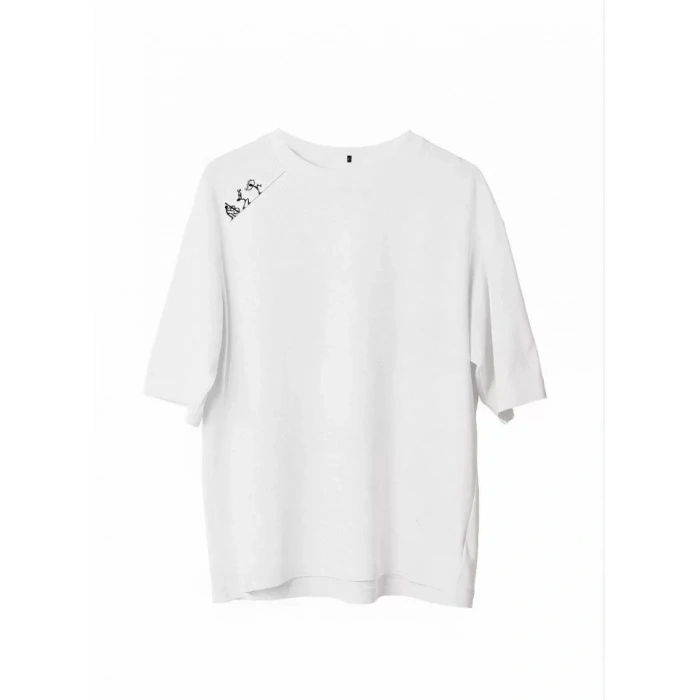 Biçomi Unisex Bisiklet Yaka Baskılı Oversize T-Shirt - Beyaz