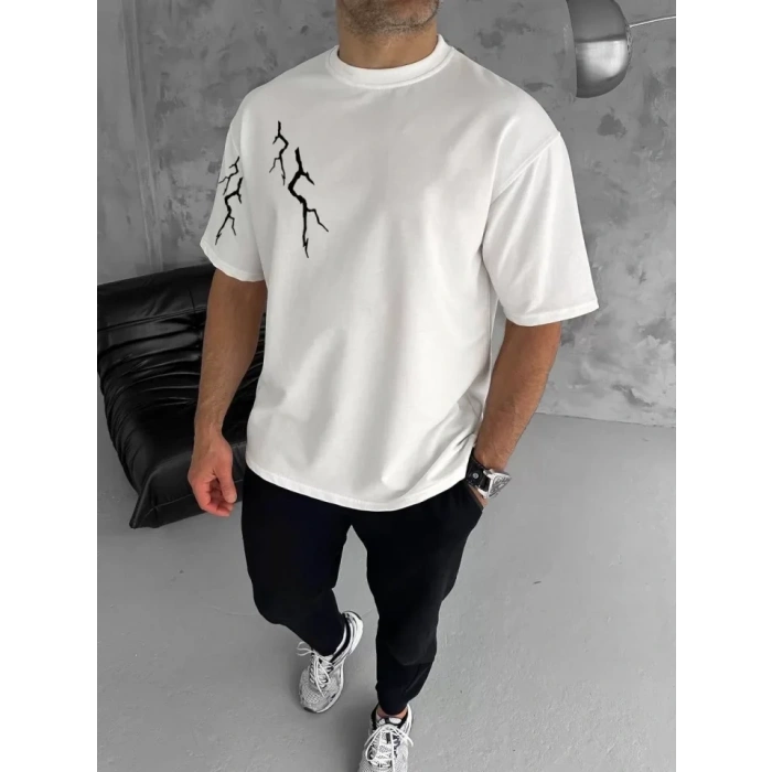 Biçomi Unisex Bisiklet Yaka Baskılı Oversize T-Shirt - Beyaz