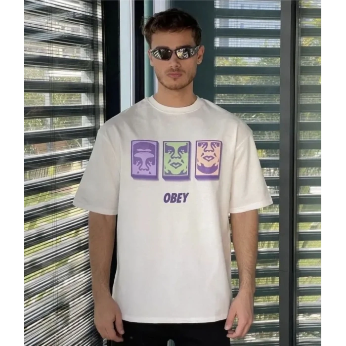 Biçomi Unisex Bisiklet Yaka Baskılı Oversize T-Shirt - Beyaz