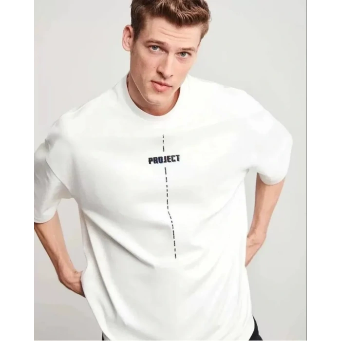 Biçomi Unisex Bisiklet Yaka Baskılı Oversize T-Shirt - Beyaz