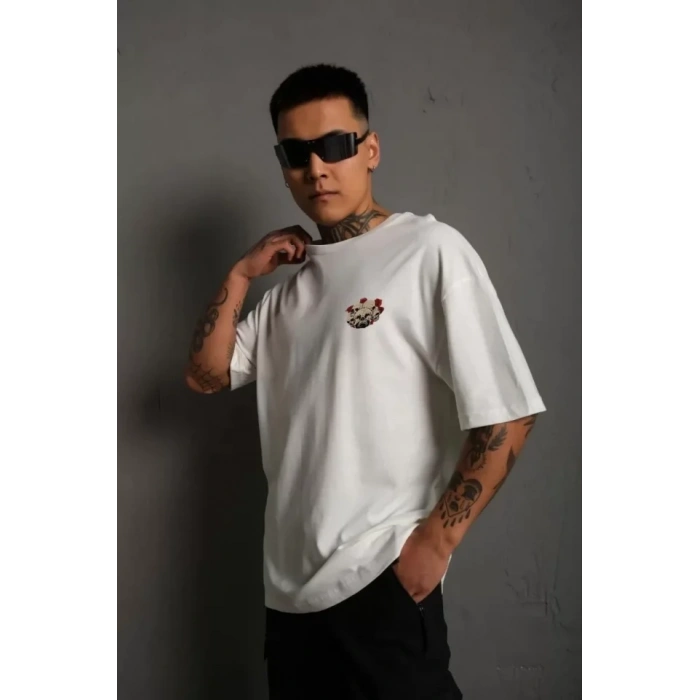 Biçomi Unisex Bisiklet Yaka Baskılı Oversize T-Shirt - Beyaz