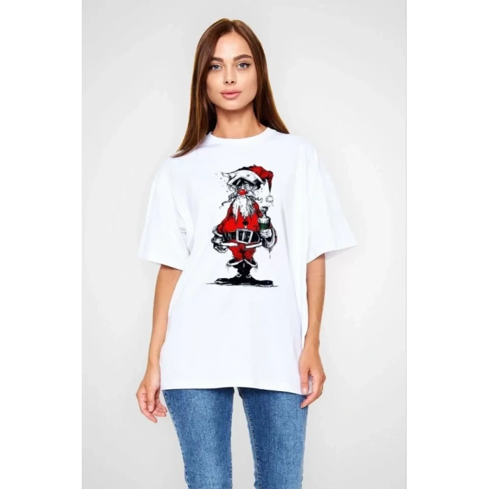 Biçomi Unisex Bisiklet Yaka Baskılı Oversize T-Shirt - Beyaz