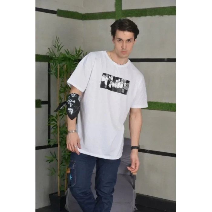 Biçomi Unisex Bisiklet Yaka Baskılı Oversize T-Shirt - Beyaz