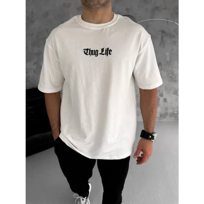 Biçomi Unisex Bisiklet Yaka Baskılı Oversize T-Shirt - Beyaz