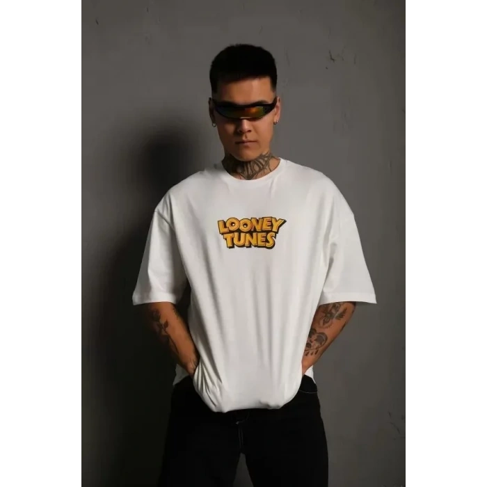 Biçomi Unisex Bisiklet Yaka Baskılı Oversize T-Shirt - Beyaz