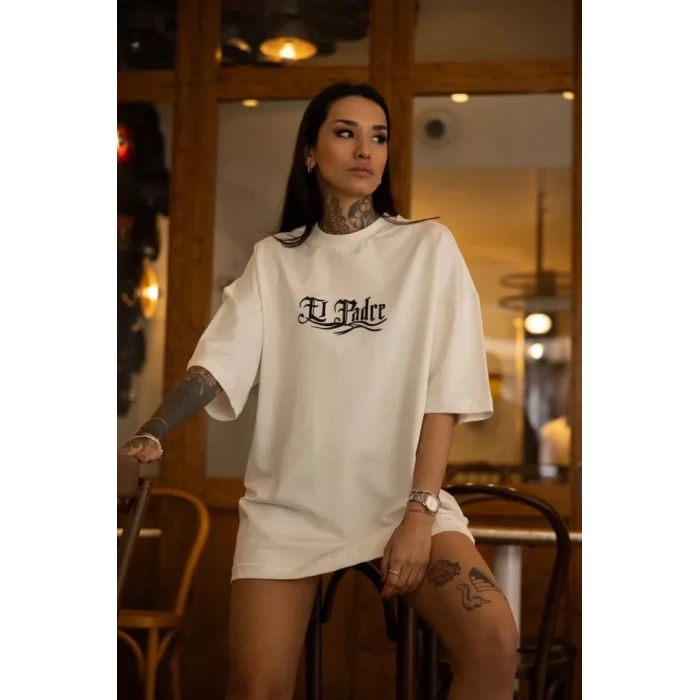 Biçomi Unisex Bisiklet Yaka Baskılı Oversize T-Shirt - Beyaz