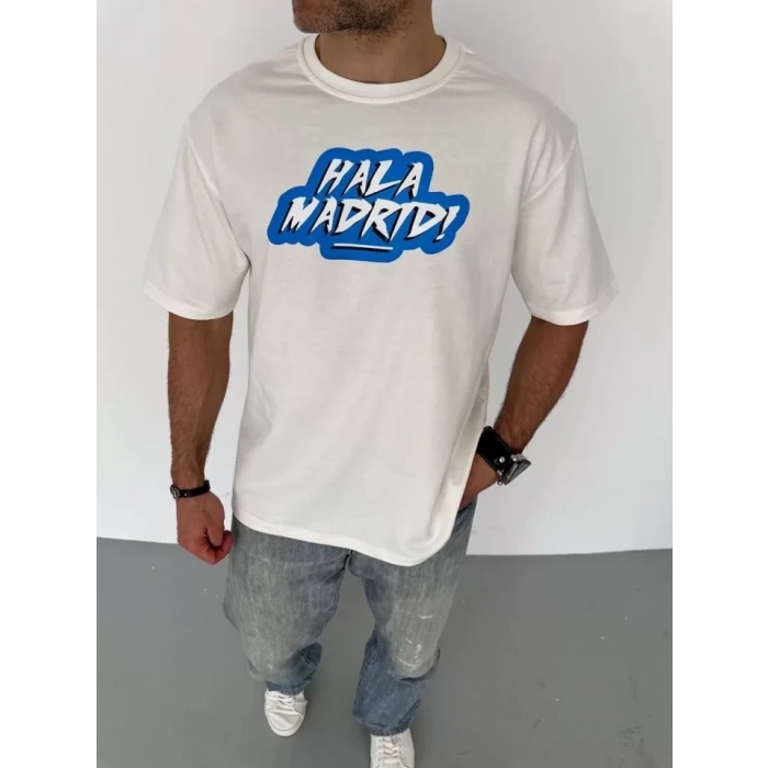 Biçomi Unisex Bisiklet Yaka Baskılı Oversize T-Shirt - Beyaz