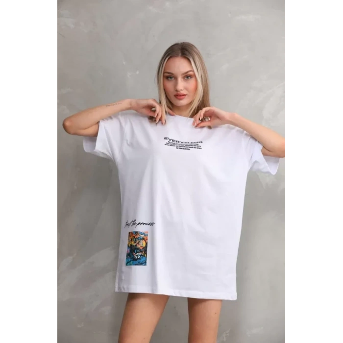 Biçomi Unisex Bisiklet Yaka Baskılı Oversize T-Shirt - Beyaz