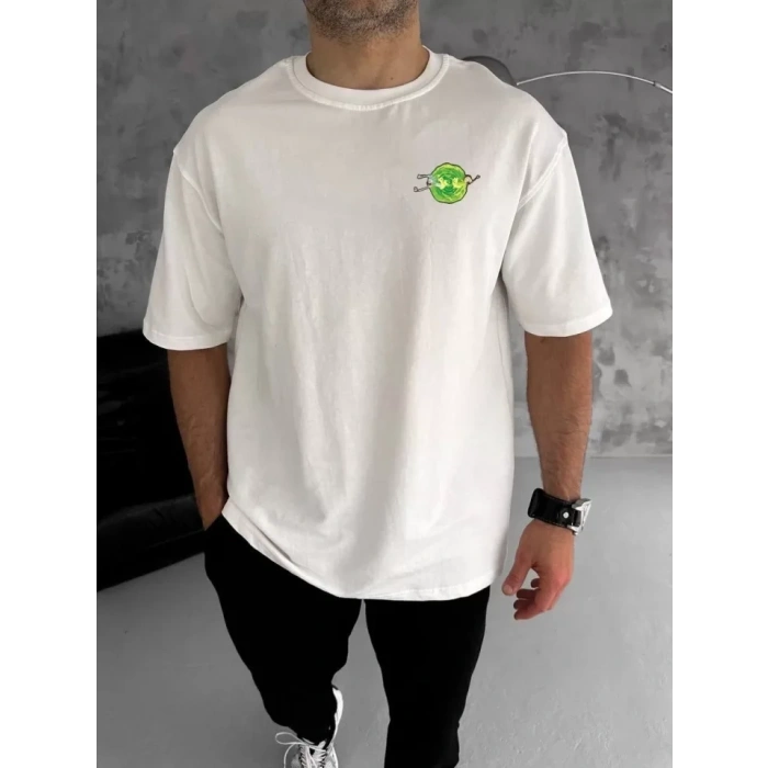 Biçomi Unisex Bisiklet Yaka Baskılı Oversize T-Shirt - Beyaz