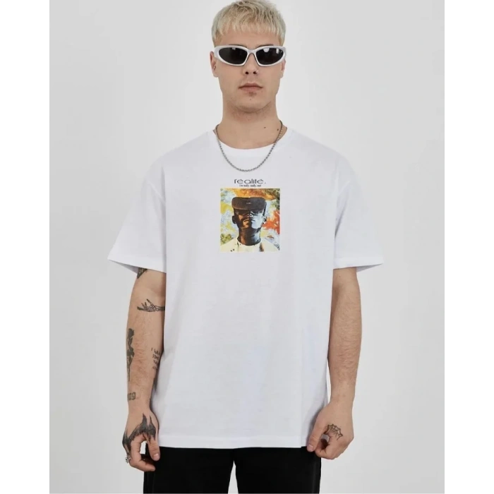 Biçomi Unisex Bisiklet Yaka Baskılı Oversize T-Shirt - Beyaz