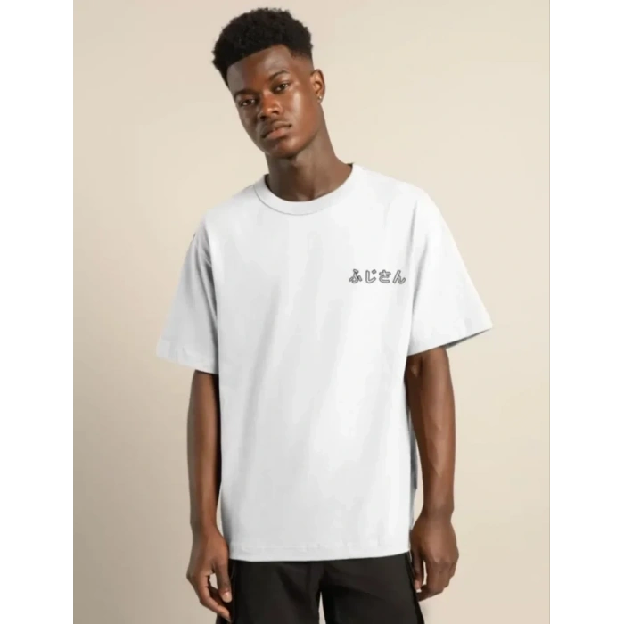 Biçomi Unisex Bisiklet Yaka Baskılı Oversize T-Shirt - Beyaz