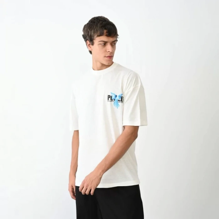 Biçomi Unisex Bisiklet Yaka Baskılı Oversize T-Shirt - Beyaz