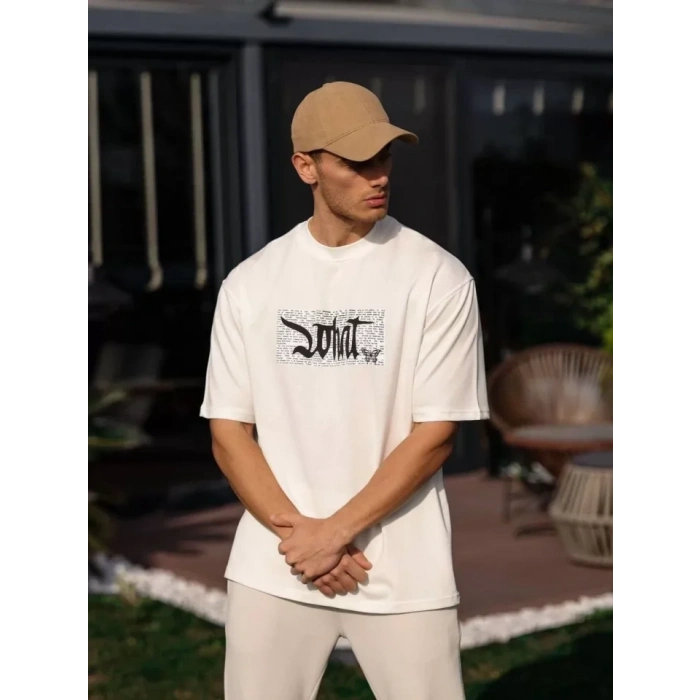 Biçomi Unisex Bisiklet Yaka Baskılı Oversize T-Shirt - Beyaz