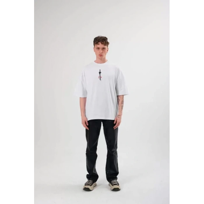 Biçomi Unisex Bisiklet Yaka Baskılı Oversize T-Shirt - Beyaz