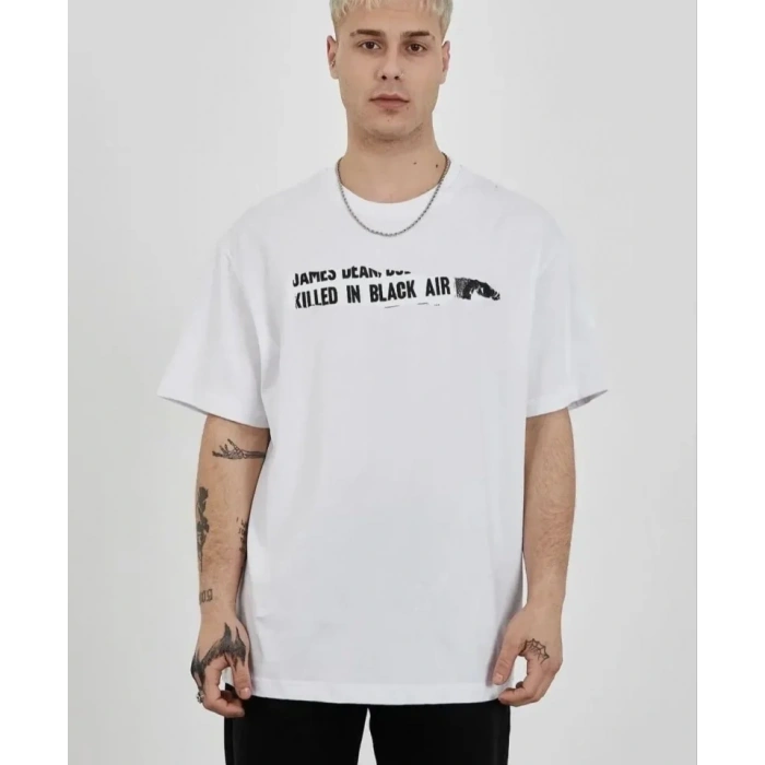 Biçomi Unisex Bisiklet Yaka Baskılı Oversize T-Shirt - Beyaz