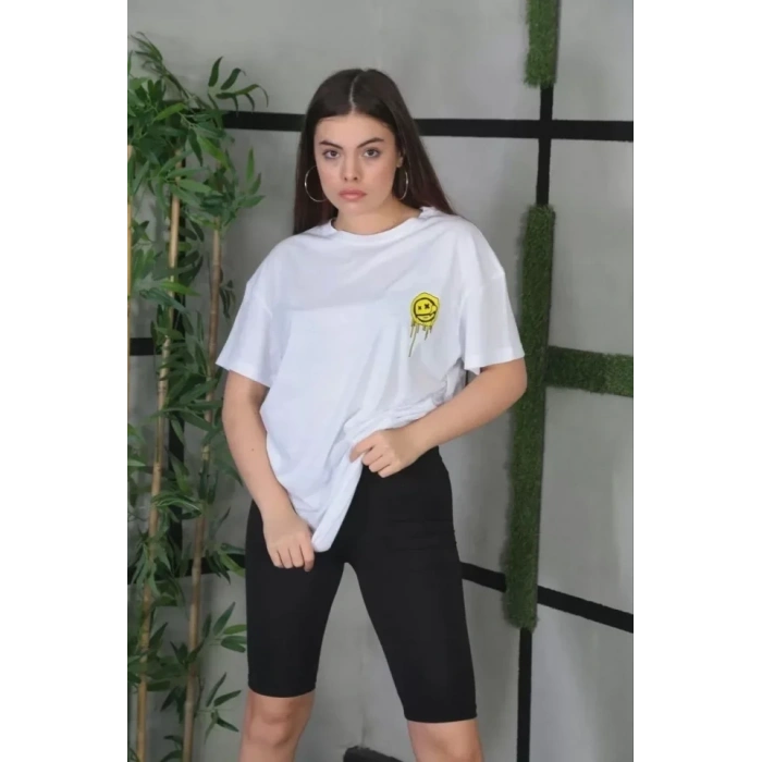 Biçomi Unisex Bisiklet Yaka Baskılı Oversize T-Shirt - Beyaz