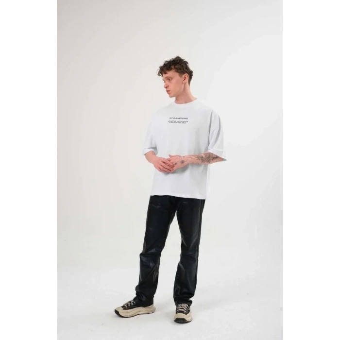 Biçomi Unisex Bisiklet Yaka Baskılı Oversize T-Shirt - Beyaz