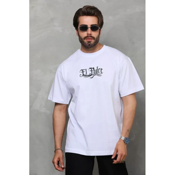 Biçomi Unisex Bisiklet Yaka Baskılı Oversize T-Shirt - Beyaz