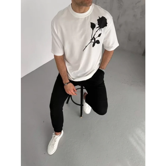 Biçomi Unisex Bisiklet Yaka Baskılı Oversize T-Shirt - Beyaz