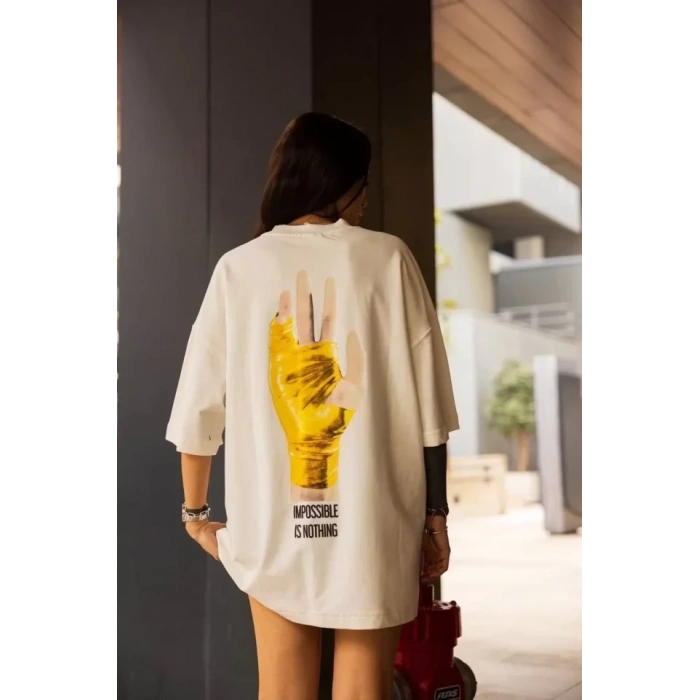 Biçomi Unisex Bisiklet Yaka Baskılı Oversize T-Shirt - Beyaz