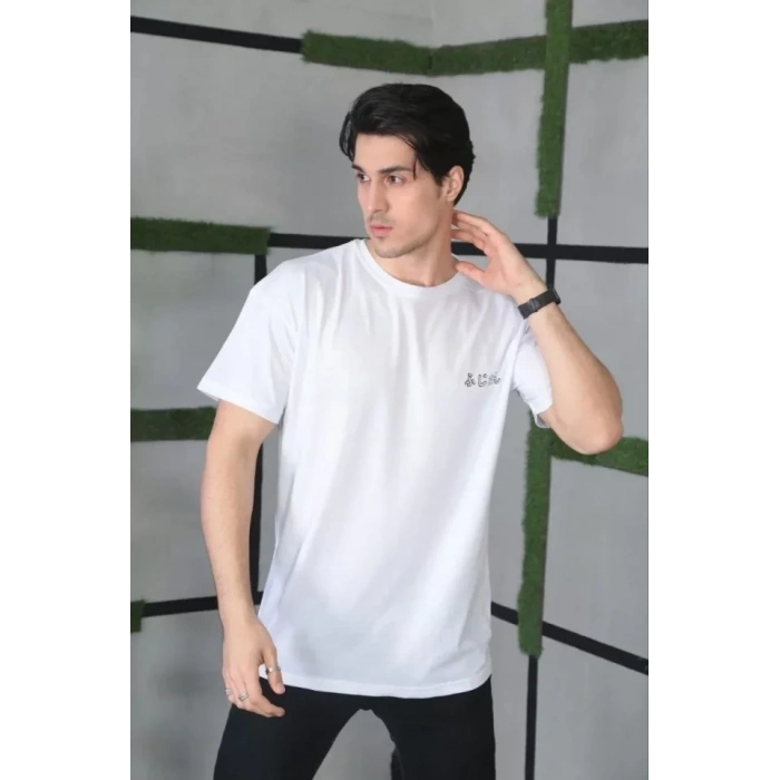 Biçomi Unisex Bisiklet Yaka Baskılı Oversize T-Shirt - Beyaz