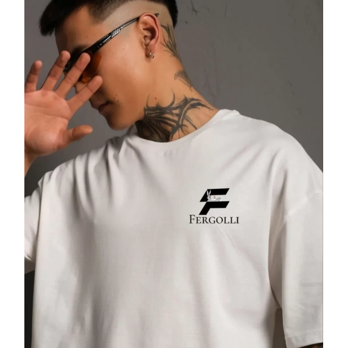 Biçomi Unisex Bisiklet Yaka Baskılı Oversize T-Shirt - Beyaz