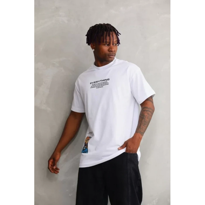 Biçomi Unisex Bisiklet Yaka Baskılı Oversize T-Shirt - Beyaz