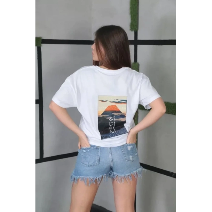 Biçomi Unisex Bisiklet Yaka Baskılı Oversize T-Shirt- Beyaz
