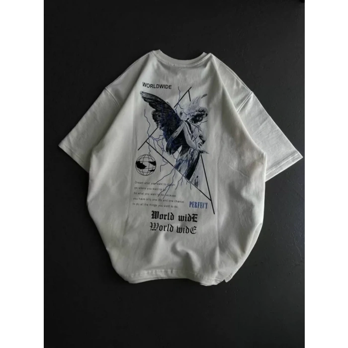 Biçomi Unisex Bisiklet Yaka Baskılı Oversize T-Shirt - Beyaz