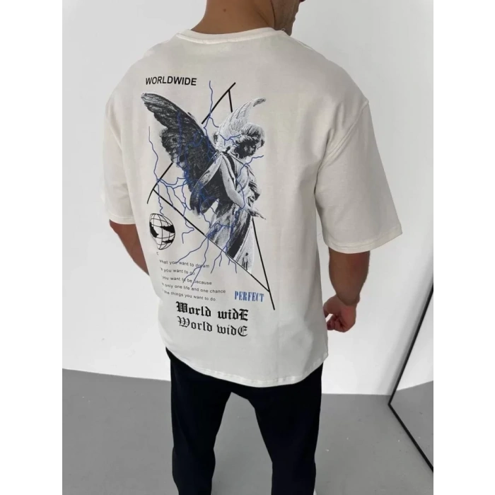 Biçomi Unisex Bisiklet Yaka Baskılı Oversize T-Shirt - Beyaz