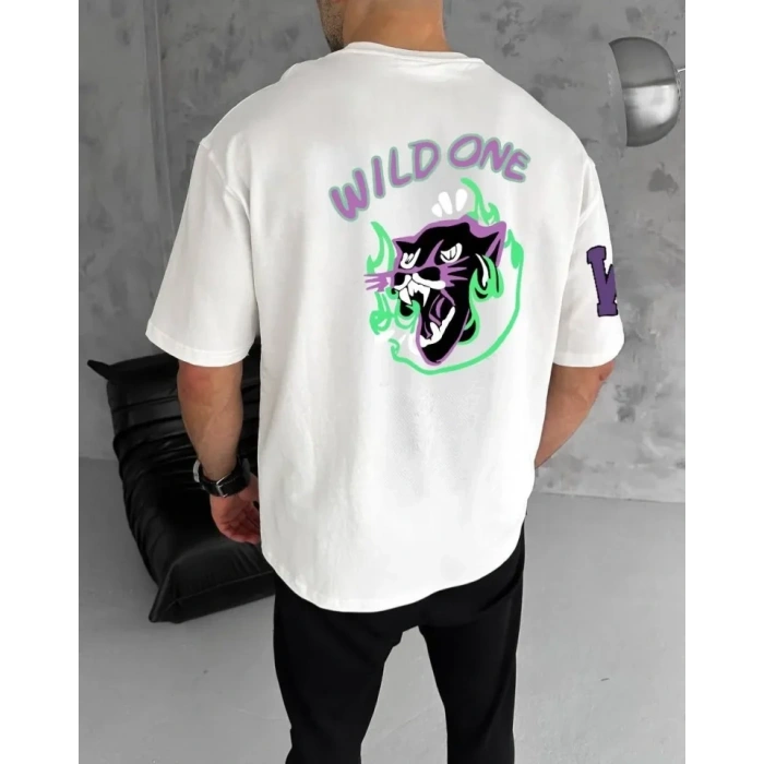 Biçomi Unisex Bisiklet Yaka Baskılı Oversize T-Shirt - Beyaz