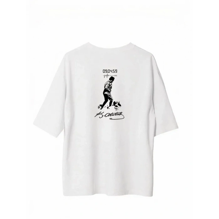 Biçomi Unisex Bisiklet Yaka Baskılı Oversize T-Shirt - Beyaz