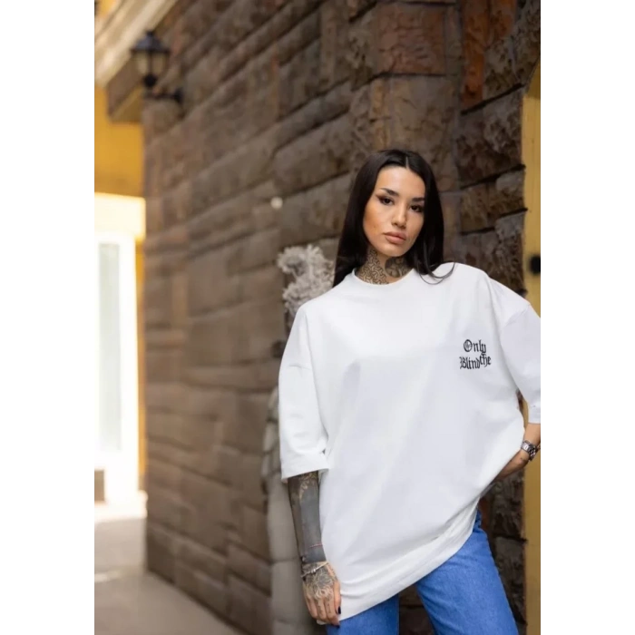 Biçomi Unisex Bisiklet Yaka Baskılı Oversize T-Shirt - Beyaz