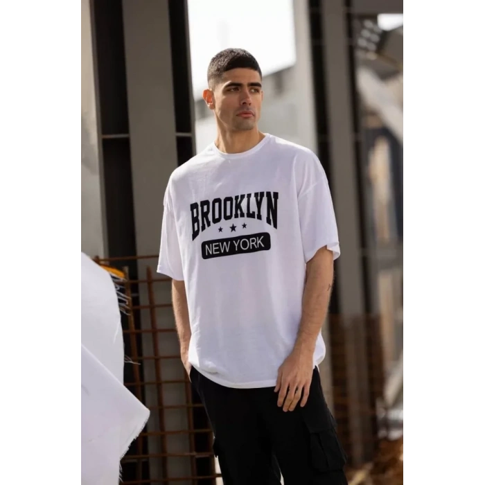 Biçomi Unisex Bisiklet Yaka Baskılı Oversize T-Shirt - Beyaz