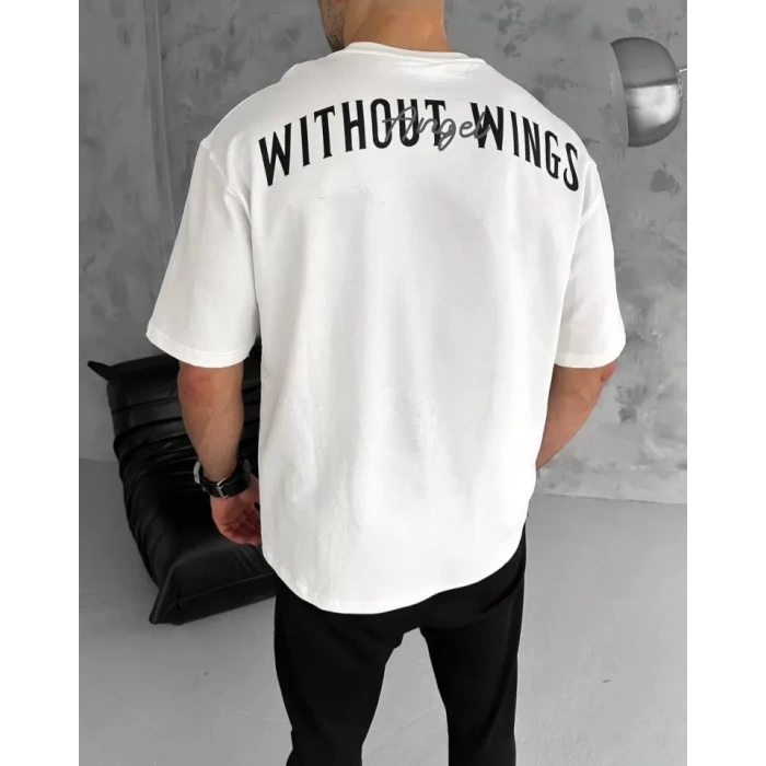 Biçomi Unisex Bisiklet Yaka Baskılı Oversize T-Shirt - Beyaz