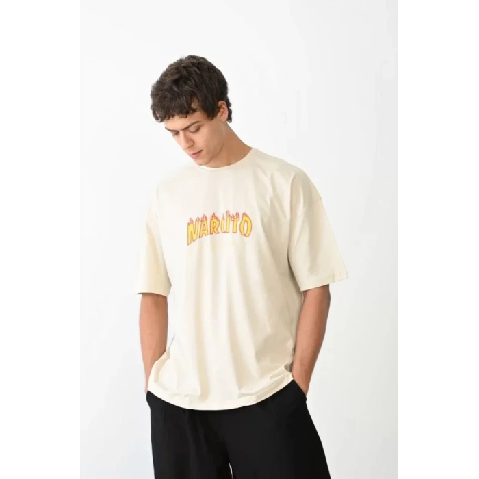 Biçomi Unisex Bisiklet Yaka Baskılı Oversize T-Shirt - Beyaz