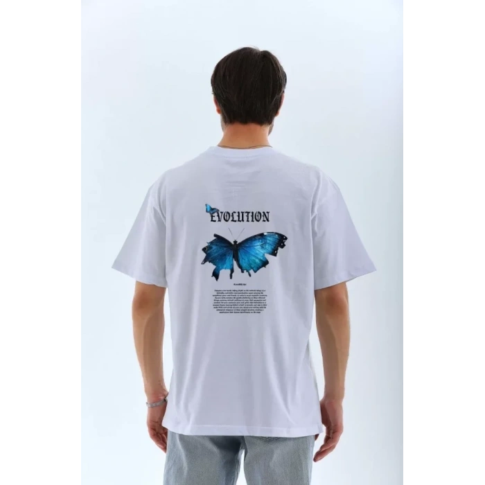 Biçomi Unisex Bisiklet Yaka Baskılı Oversize T-Shirt - Beyaz