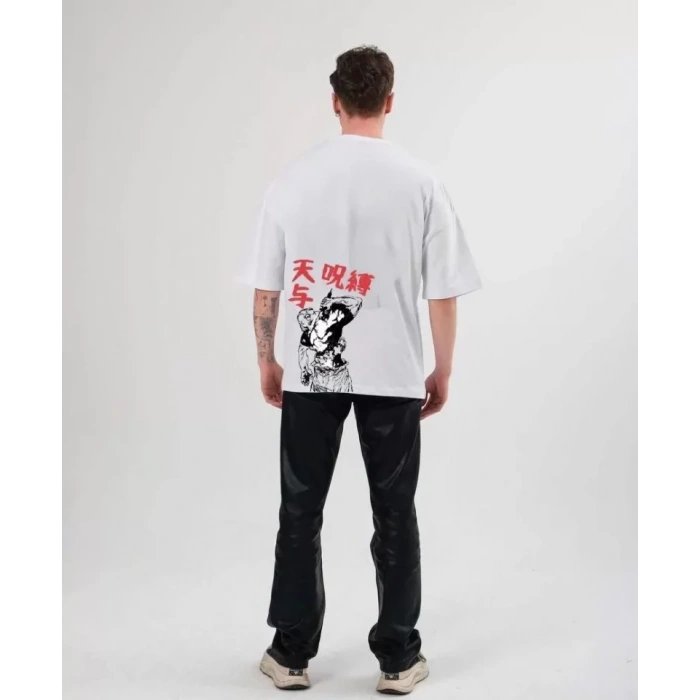 Biçomi Unisex Bisiklet Yaka Baskılı Oversize T-Shirt - Beyaz