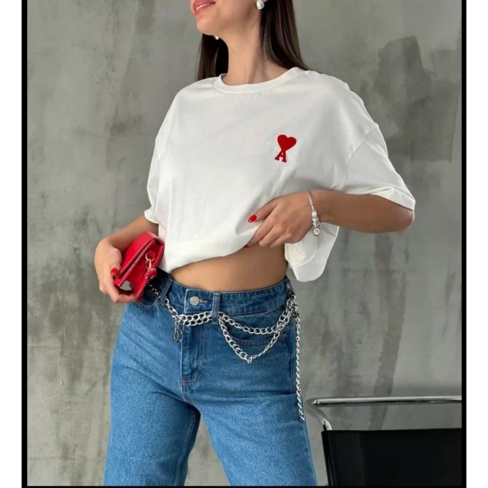 Biçomi Unisex Bisiklet Yaka Baskılı Oversize T-Shirt - Beyaz