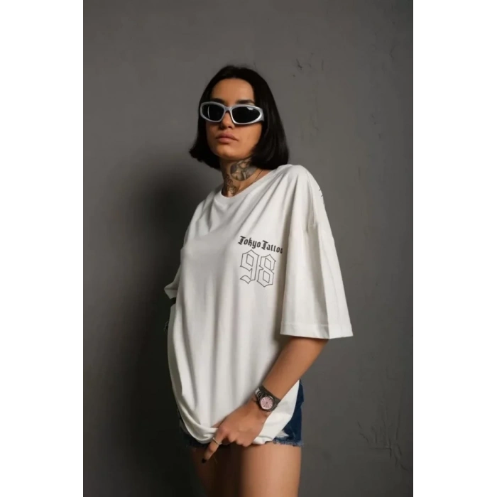 Biçomi Unisex Bisiklet Yaka Baskılı Oversize T-Shirt - Beyaz