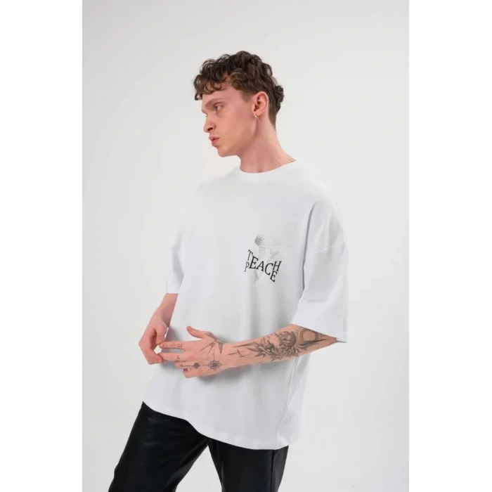 Biçomi Unisex Bisiklet Yaka Baskılı Oversize T-Shirt - Beyaz