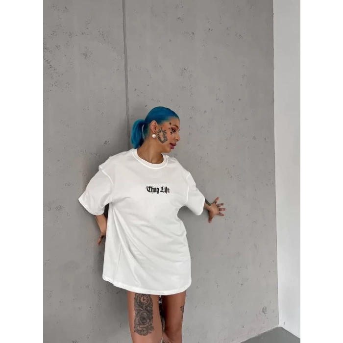 Biçomi Unisex Bisiklet Yaka Baskılı Oversize T-Shirt - Beyaz