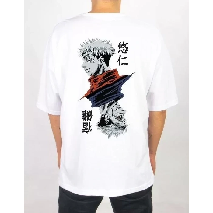 Biçomi Unisex Bisiklet Yaka Baskılı Oversize T-Shirt - Beyaz