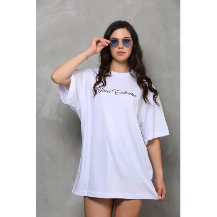 Biçomi Unisex Bisiklet Yaka Baskılı Oversize T-Shirt - Beyaz