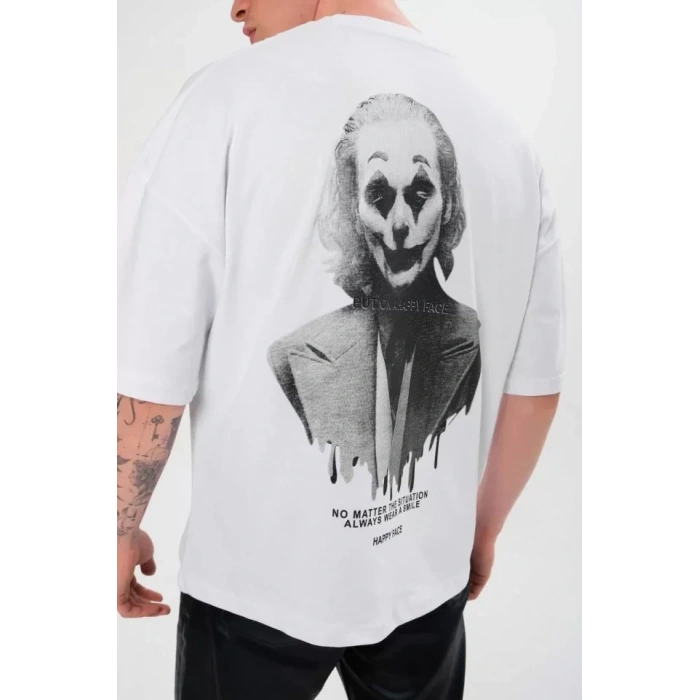 Biçomi Unisex Bisiklet Yaka Baskılı Oversize T-Shirt - Beyaz