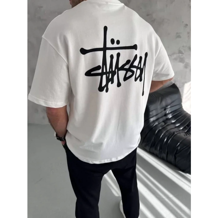 Biçomi Unisex Bisiklet Yaka Baskılı Oversize T-Shirt - Beyaz