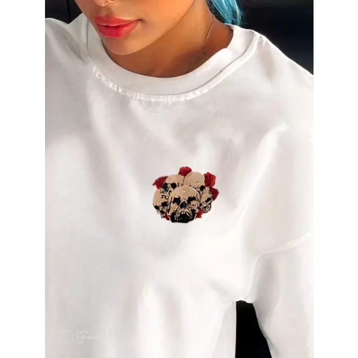 Biçomi Unisex Bisiklet Yaka Baskılı Oversize T-Shirt - Beyaz