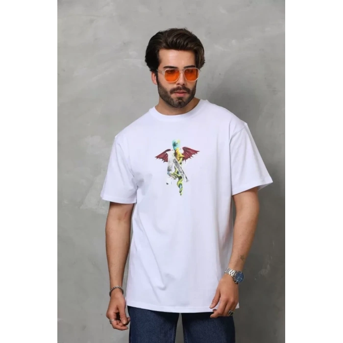 Biçomi Unisex Bisiklet Yaka Baskılı Oversize T-Shirt - Beyaz
