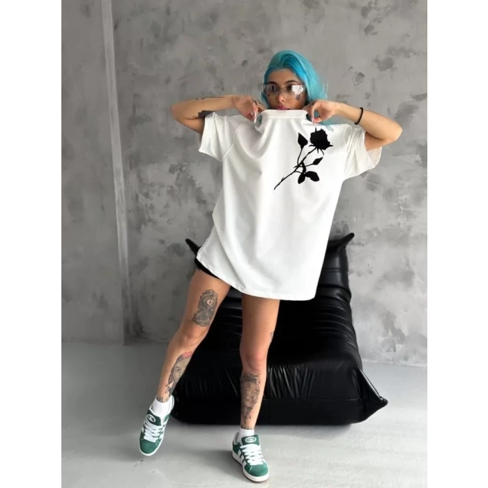 Biçomi Unisex Bisiklet Yaka Baskılı Oversize T-Shirt - Beyaz