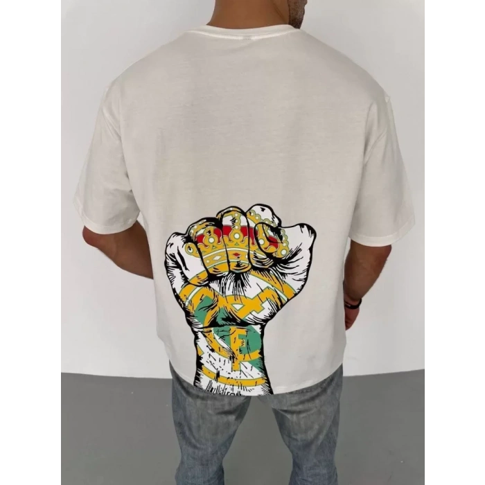 Biçomi Unisex Bisiklet Yaka Baskılı Oversize T-Shirt - Beyaz